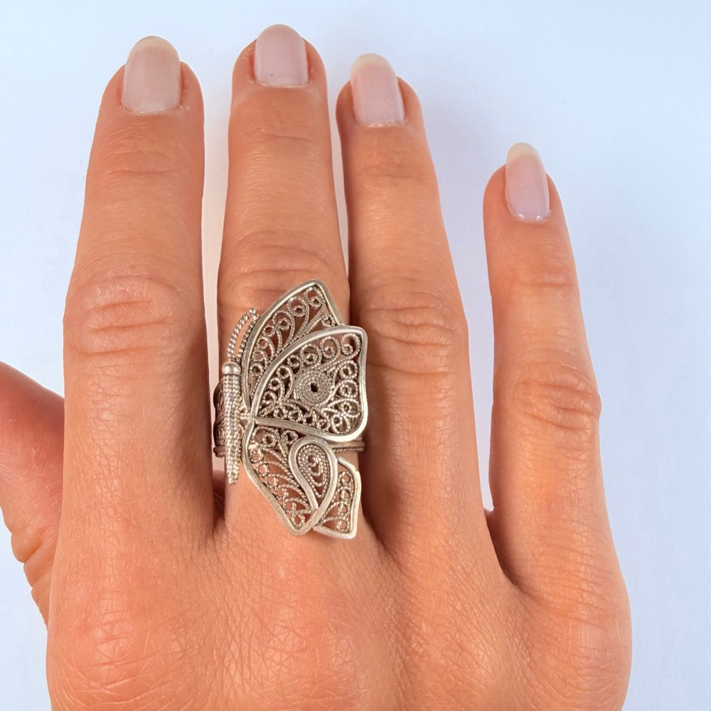 Filigree BIG Perched Butterfly Sterling Silver 925 DGS Turkey Vintage 1.3" Ring - Picture 7 of 10